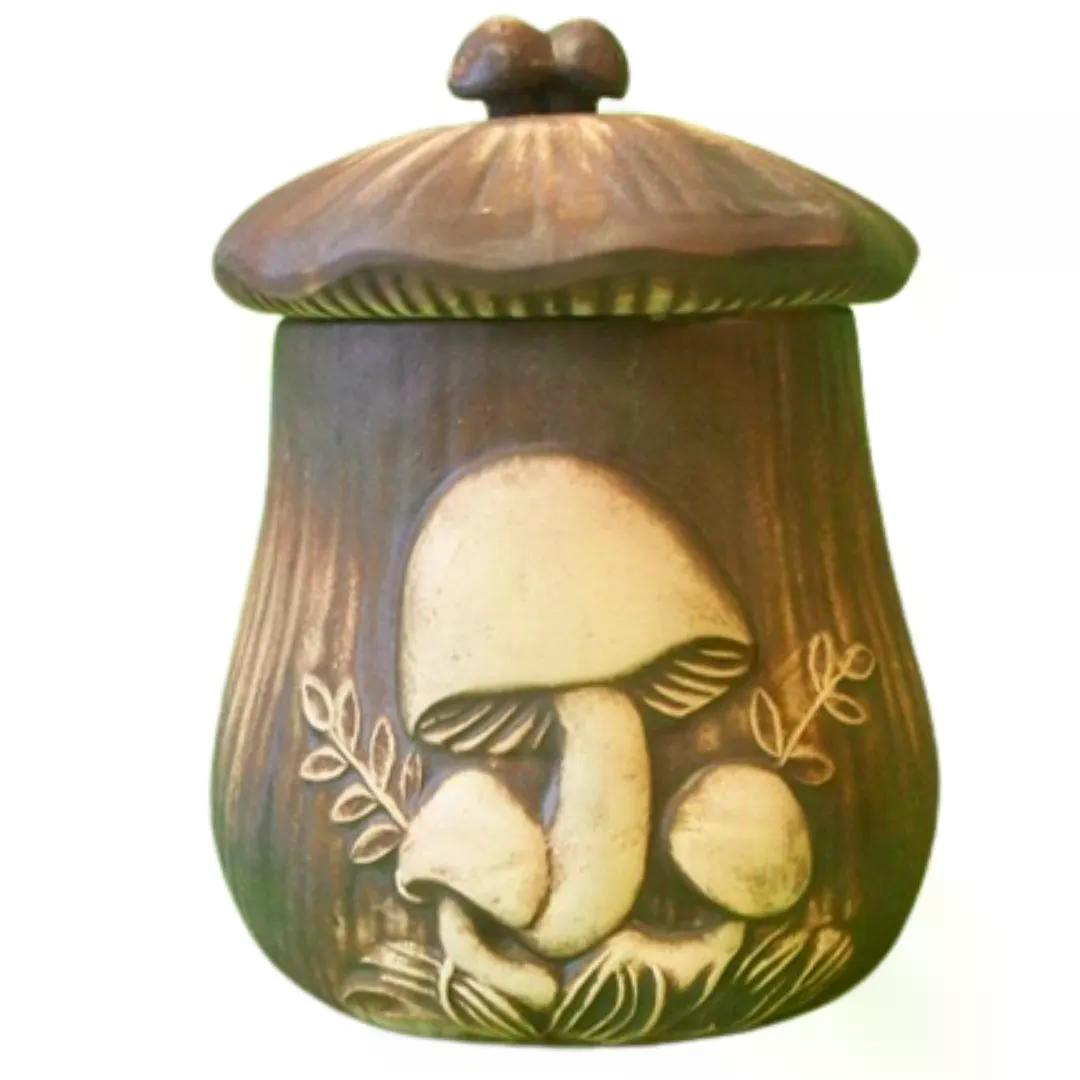 keramická dóza s houbami detail